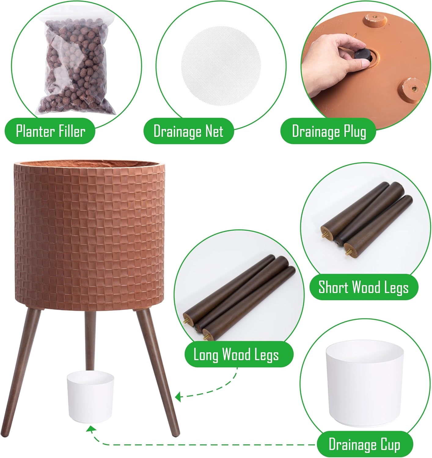 D'vine Dev 16 Inch Modern Geometric Tile Patterned Sleek Planter Pot with Stand, Indoor Outdoor Decorative Plant Holder, Terra Cotta, 88-Z-E-3