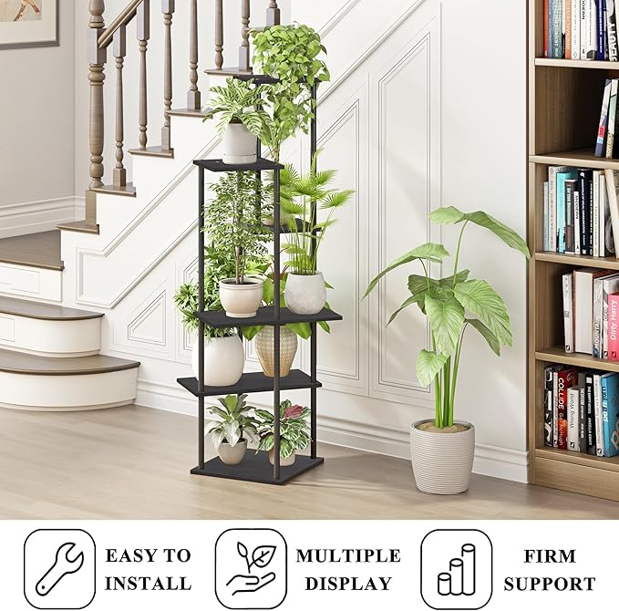 Plant Stand Indoor 6-Tier Metal Wood Plant Shelf for Multiple Flower Pots Corner Tall Flower Holders for Living Room Balcony Bedroom, Black
