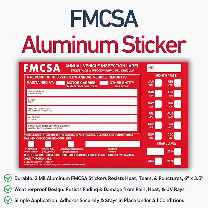 25 Pack Buck Aluminum Annual Vehicle Inspection Label with Punch Boxes, 2 Mil Red FMCSA Self Adhesive Sticker, DOT Compliant, Weatherproof, Tear Resistant, Easy to Write On, 6" x 3.5" - Made in USA