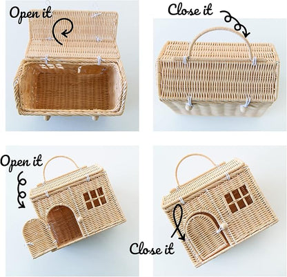 Rool Rattan House Shaped Basket Wicker Small Dollhouse Gift for Girls, Boho Toys, Mouse in a Box House, Little Girl Purse Clutch, Doll Carrier (Cream)