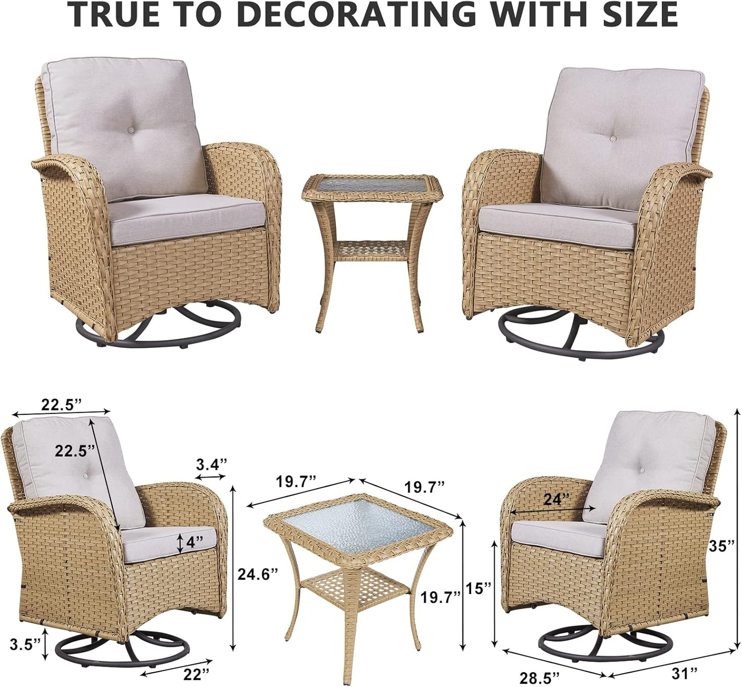 HUMMUH Swivel Patio Chair 3 Piece PE Wicker Patio Furniture Set with Rocking Chairs and Side Table Outdoor Bistro Set for Porch,Garden,Deck,Poolside