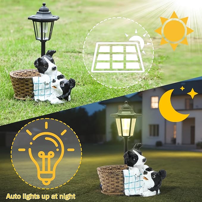 Solar Garden Outdoor Decor Statues Border Collies Resting in Basket with Light,Outside-Outdoor Decorations Sculptures for Patio Yard Lawn Walkway Ornaments Clearance Gifts for Mom Grandma Birthday