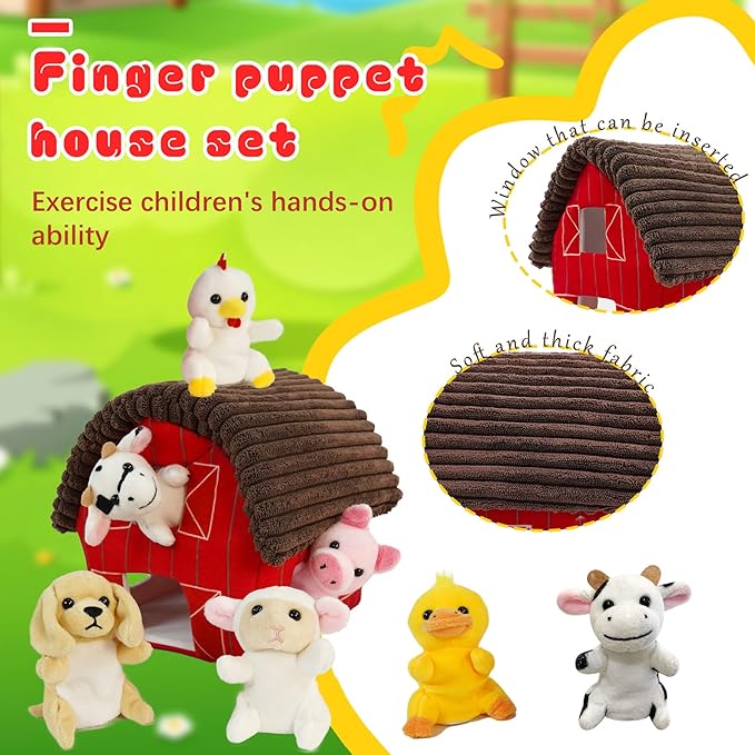 6 Pcs Farm Animals Finger Puppet with Farm Houses, Realistic Soft Plush Toy for Kids, Novelty Animals Toys Role-Playing Story Finger Puppets Plush Finger Puppets Gifts for Boys and Girls