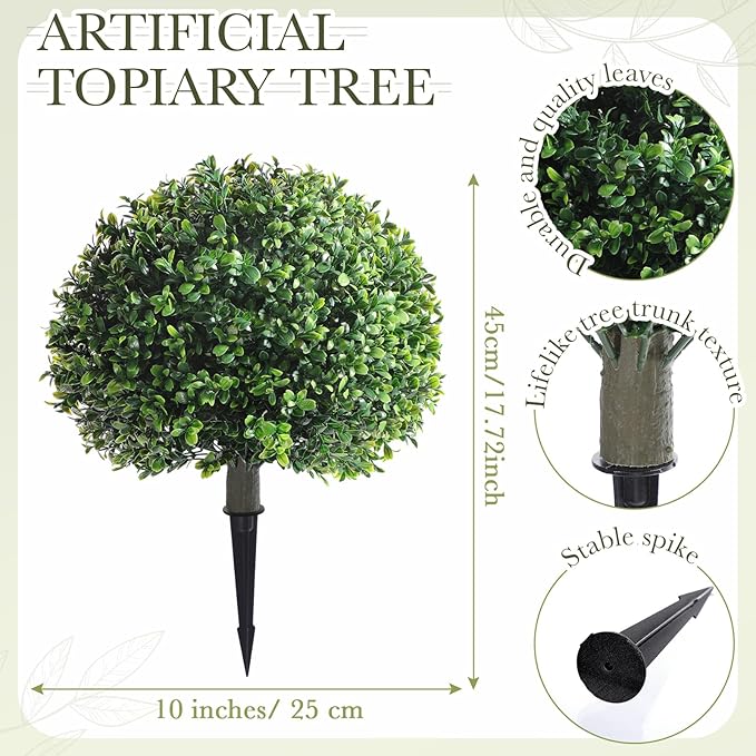 Yunlly 2 Pack 18" Artificial Boxwood Ball Bush Topiary Trees Fake Outdoor Plants, Realistic UV Resistance Faux Shrubs with Spike Greenery Topiary Potted for Front Porch Garden Yard Patio Indoor Decor