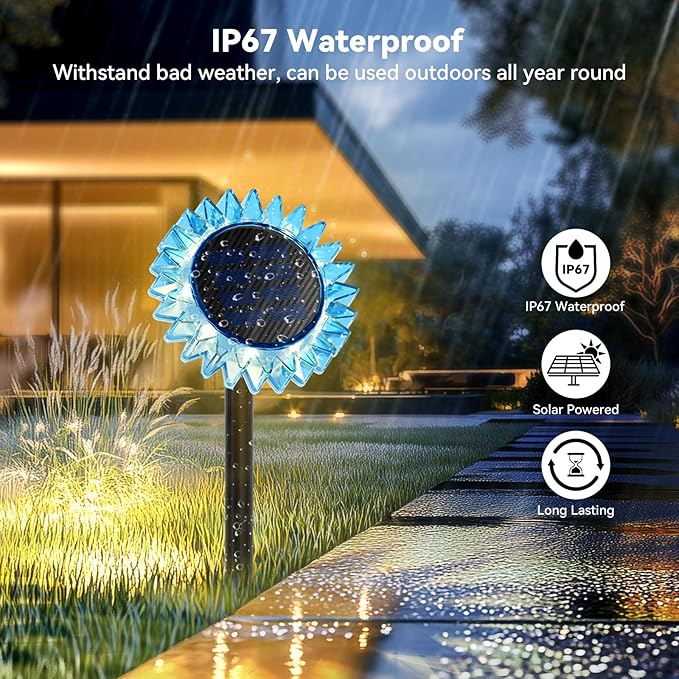 Outdoor Solar Lights, 6 Pack Led Solar Sunflower Lights, Stake/Wall 2-in-1 Waterproof Solar Garden Lights for Yard, Landscape, Fence, Patio, Driveway, Pathway, Backyard Decoration (Warm White)