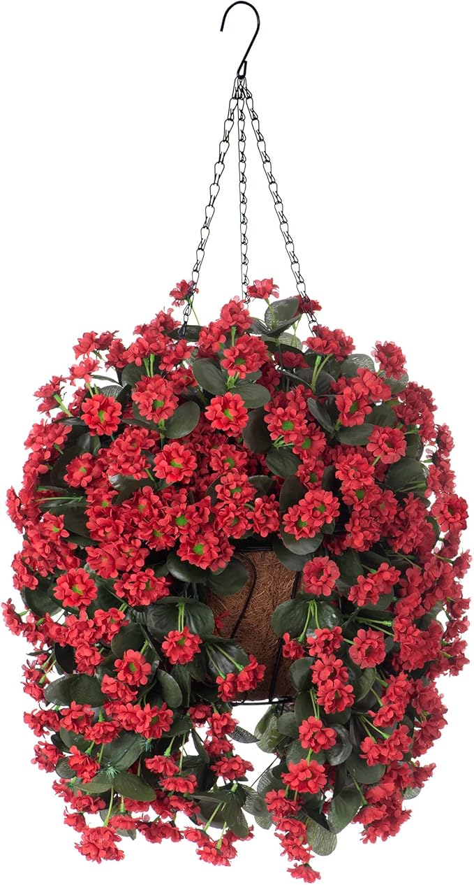 Hanging Baskets Artificial Flowers for Outdoor Interior Decor, Artificial Daisies Flowers Shrubs Plants with Baskets for Home Porch Garden Patio Patio Spring Summer Decor(Red)