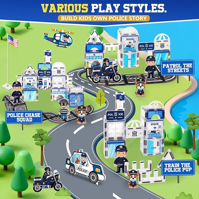 60PCS Police Station Magnetic Tiles Set with 6 Magnetic Dolls,Magnet Tiles Building Blocks for kids,Toy for Boys 3-5 4-8-12 Gifts,STEM City Police Toys Include Policeman,Puppy,Criminal,Vehicles,Prison
