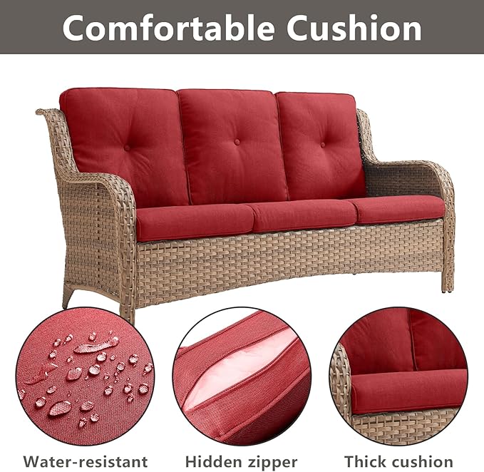 Outdoor Wicker Patio Furniture Set - 6 Piece Rattan Patio Conversation Set with 2 Rocking Swivel Chairs,2 Ottomans,1 Sofa and 1 Coffee Table for Porch Deck Backyard Garden(Yellow/Red)