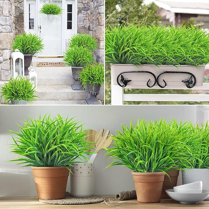 Ouddy Decor 16 Bundles Artificial Plants Outdoor Fake Grass Greenery Stems UV Resistant Faux Plastic Shrubs for Spring Summer Garden Pathway Window Box Front Porch Home Decor, Green
