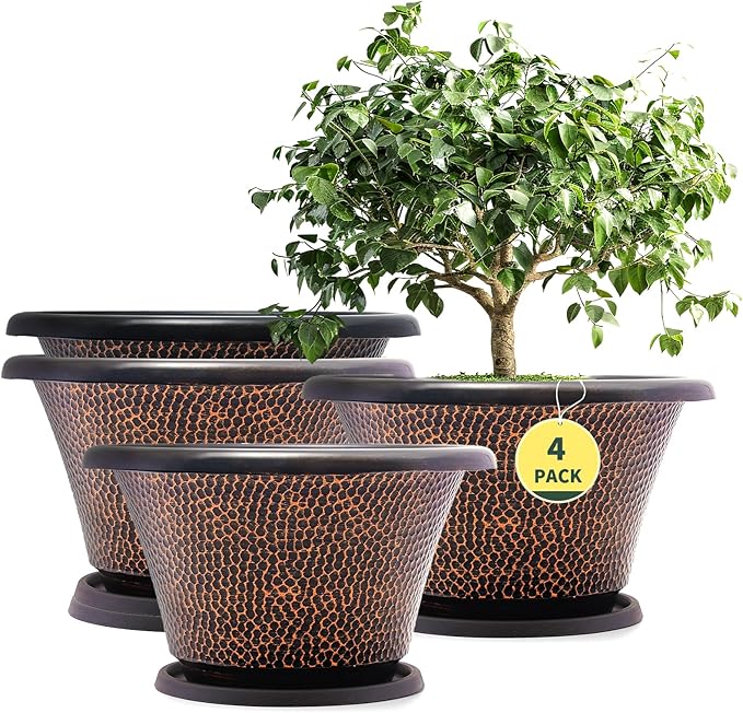 Quarut 11.8 Inch Pots for Plants,4 Pack Large Plant Pot,Flower Pots with Drainage Hole & Saucer,Modern Planters for Indoor Outdoor Plants,Decorative Resin Garden Pots for Planting Medium Large Plants