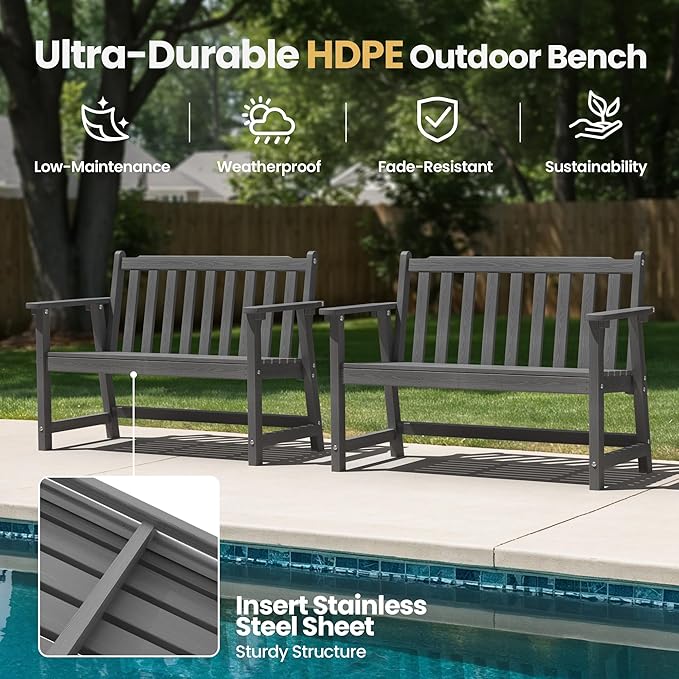 Ciokea 44" Outdoor Bench, HDPE Weatherproof Garden Bench, 2-Person Porch Benches with 550 Lbs, Waterproof Patio Benches for Outside Balcony Deck Backyard, Dark Grey