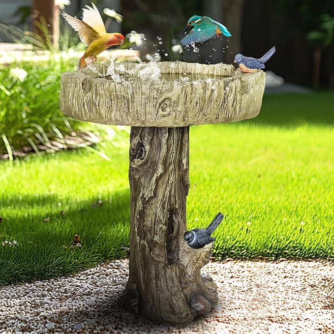 SunJet 24.4 Inch Heigh Wood-Look Concrete Bird Bath with Decorative Faux Bird – birdbath Rustic & Long-Lasting Design, Enhances Garden, Patio, Yard, Lawn Décor