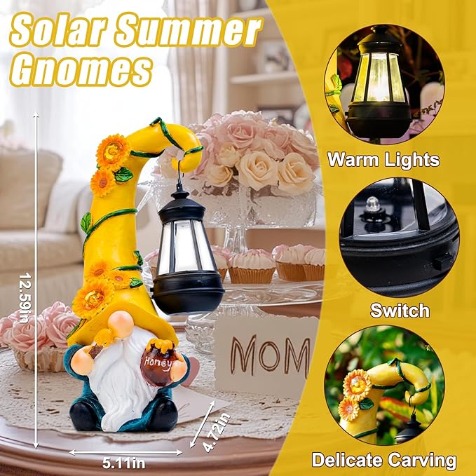 Twinbling12 Solar Sunflower Gnome Garden Statues Honey Bee jar Decor with LED Lantern Outdoor Summer Gnomes Decorations Patio Yard Balcony Art Gifts for Women Mom Grandma