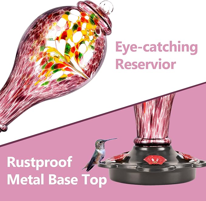 LUJII Hand Blown Glass Hummingbird Feeder for Outdoors Hanging with Ant Guard, 36 fl.oz, Leak Proof & Rustproof, Metal Base with 5 Feeding Ports & 5 Perches, Unique Garden & Backyard Decor (Purple)