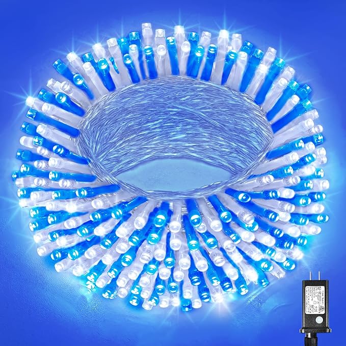 Vivideal 200 LED Christmas Lights Outdoor - 66ft Christmas String Lights 8 Modes Plug in Waterproof Fairy Lights with Timer Memory for Indoor Outside Bedroom Home Party Decoration, Blue&White