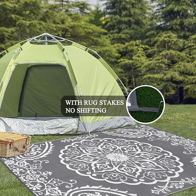 Pauwer Waterproof Outdoor Rug 6x9, Reversible Plastic Straw Patio Camping Rug, Indoor Outdoor RV Mat Carpet for Deck, Camper, Porch, Balcony, Backyard, Picnic, Boho Grey