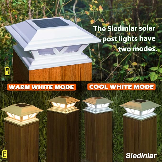 SIEDiNLAR Solar Post Lights Outdoor 2 Modes LED Deck Fence Cap Light for 4x4 5x5 6x6 Posts Patio Garden Decoration Warm White/Cool White Lighting White (1 Pack)