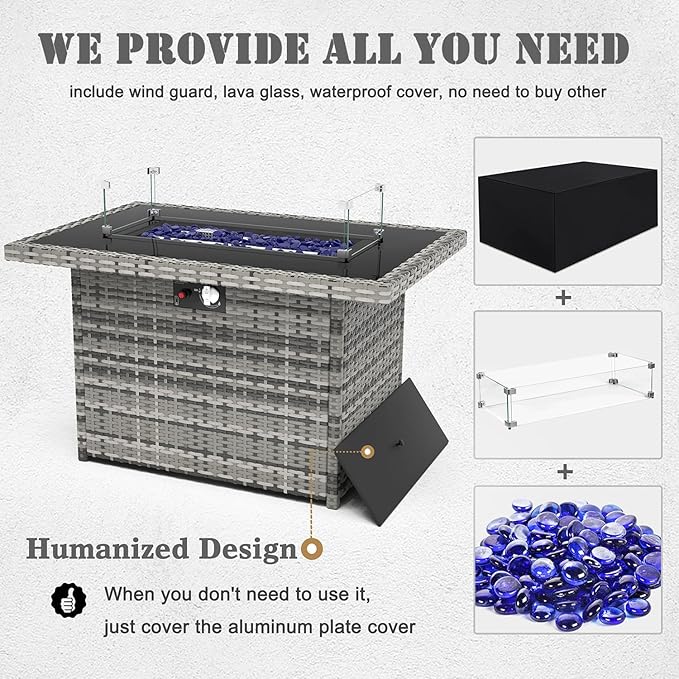 Propane Fire Pit Table,44 Inch 55000 BTU Outdoor Gas Fire Pit Rectangular with Glass Wind Guard for Outside Patio Deck (Gray-Glass Top)