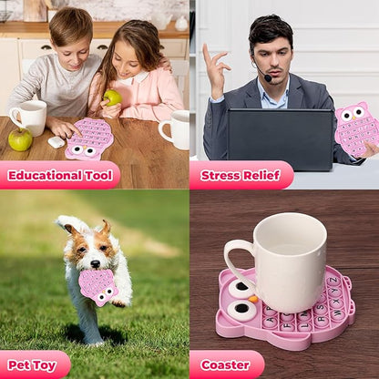 Fidget Toys for Kids, Owl Shaped Silicone Squeeze Sensory Toys, Alphabet Bubble Stress Anxiety Relief Relax Tools for Kids Adults School Classroom Gift Party Favors (Pink)