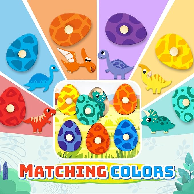 Christmas Stocking Stuffers Dinosaur Wooden Puzzles for Toddlers 1-3 Year Old, Matching Eggs Peg Puzzle Birthday Gifts for Babies Fine Motor Skills Montessori Toys for Toddler Age 2-4 Boys Girls
