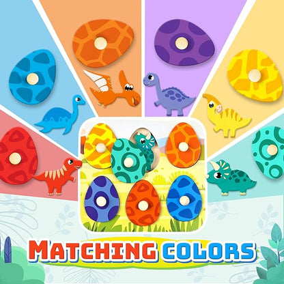 Christmas Stocking Stuffers Dinosaur Wooden Puzzles for Toddlers 1-3 Year Old, Matching Eggs Peg Puzzle Birthday Gifts for Babies Fine Motor Skills Montessori Toys for Toddler Age 2-4 Boys Girls