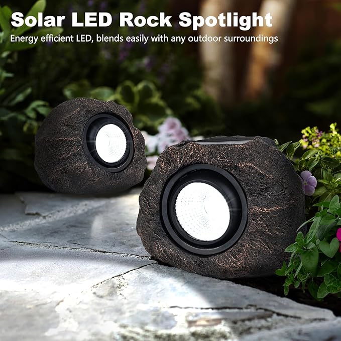 Solar Rock Lights, 2 Pack Outdoor Decorative Garden Spotlights for Pathway, Walkway, Yard, Landscape, Patio (Dark Brown)