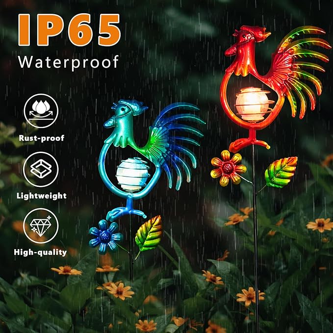 Rooster Solar Garden Lights, 2 Pack Metal Solar Stake Light, 27" H Outdoor Chicken Statues Figurine Lights for Spring Garden Lawn Patio Yard Decoration