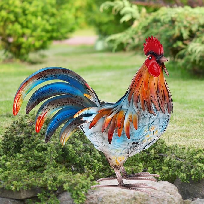 Metal Rooster Decor Garden Statue,Yard Chicken Decorations Outdoor Sculpture for Backyard Patio Kitchen Lawn Ornaments,Birthday Housewarming Gifts for Women Mom