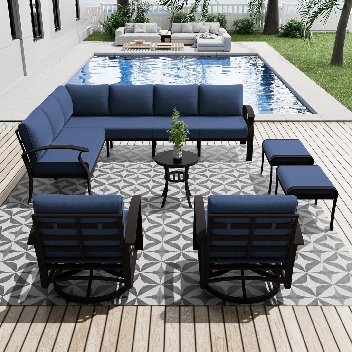 Aluminum Patio Furniture Set, 10 Seats Outdoor Patio Conversation Set with Swivel Chair Modern Metal Patio Sectional Sofa with Coffee Table for Patio, Backyard(Navy Blue).