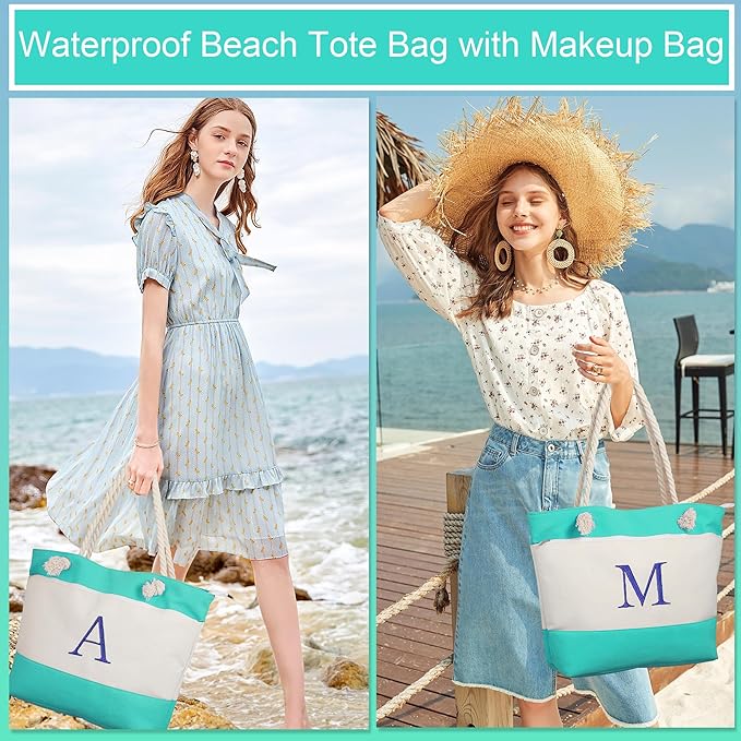 YOOLIFE Beach Bags for Women - Initial Tote Waterproof Bag with Makeup Bag, Mothers Day Gifts for Women Mom Friend Birthday