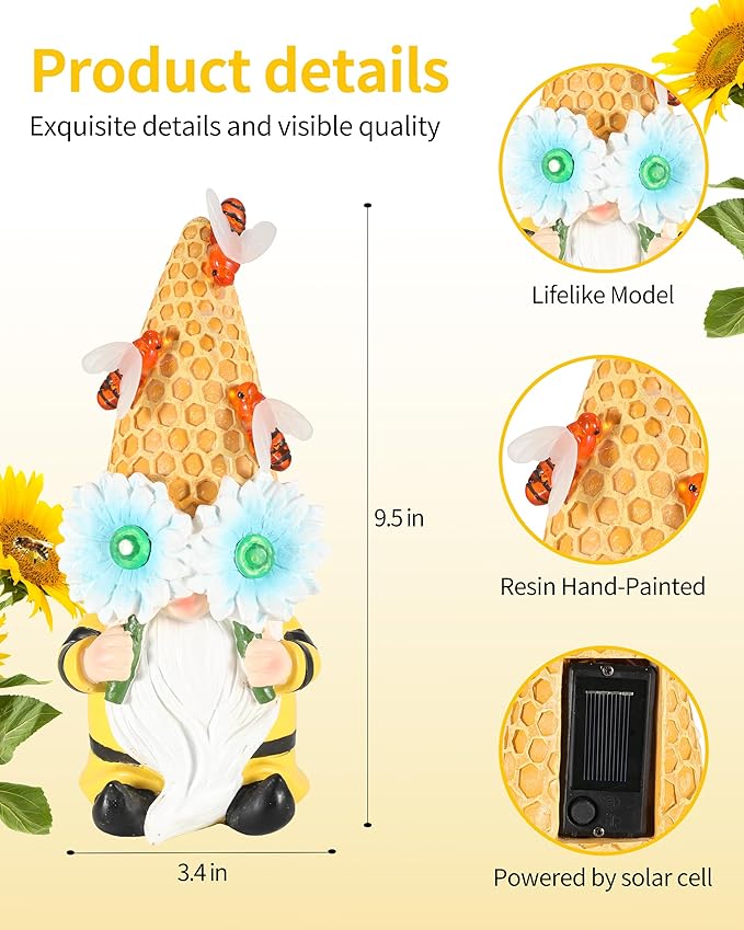 iStatue Garden Gnomes Outdoor Clearance with Solar Bee Lights - 9.5'' Resin Figurine Honeycomb Sunflower Spring Summer Decoration for Home Garden Decor Lawn Ornaments (Mr Bee Gnome)