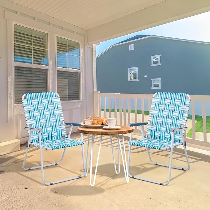 VINGLI Patio Lawn Webbed Folding Chairs Outdoor Beach Portable Camping Chair for Yard, Garden (2, White & Blue, Oversized)