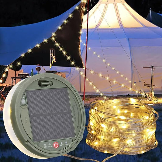 Solar Camping String Lights, 39.4FT Waterproof Camping Lights with 8 Lighting Modes, Rechargeable Outdoor Camp lamp 2 in 1with Remote Control, Portable Tent Lantern for Hiking, Yard, Party Decor