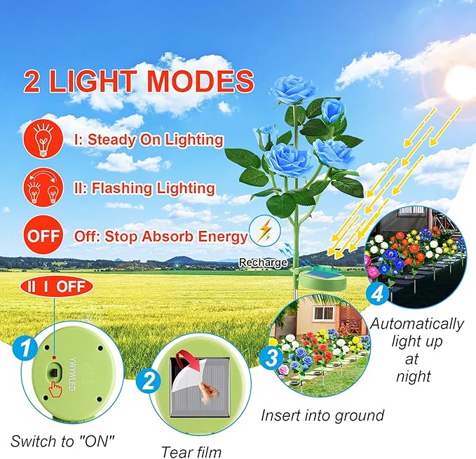 Solar Flower Lights Outdoor - Upgraded New Material Two Modes Realistic LED Solar Powered Waterproof Lights with 5 Roses, Solar Decorative Stake Lights for Garden (Blue, 1 Pack)