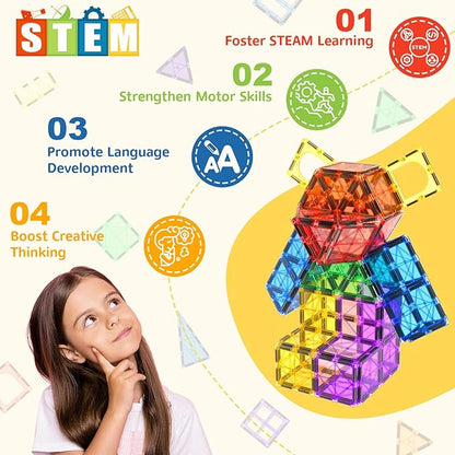 60 PCS Magnetic Building Tiles Kids Toys STEM Magnetic Blocks Sensory Toys Kids Games Magnet Building Toy for Boys and Girls Aged 3+, Kid Brain Development Preschool Kindergarten Toddler Toy