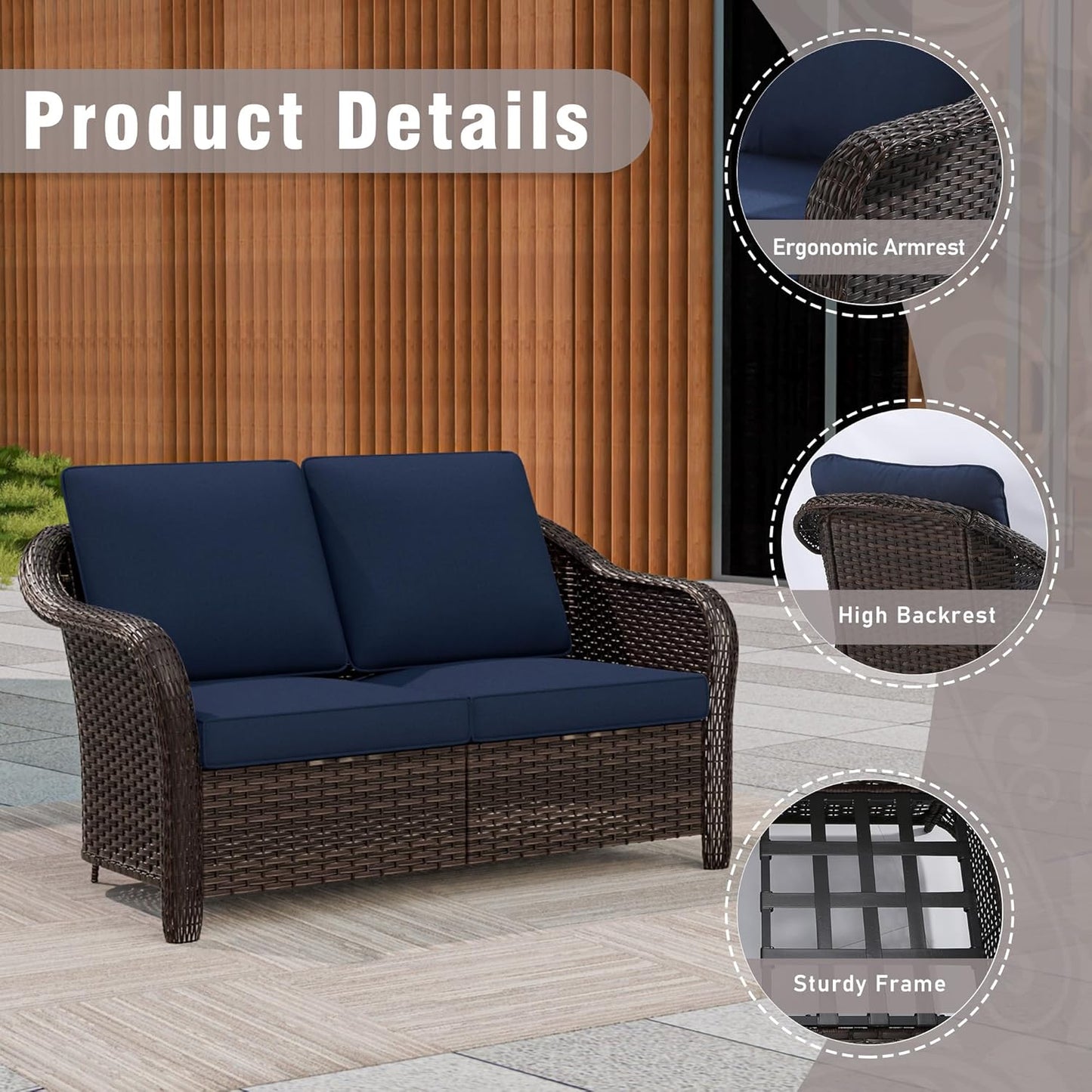 3 Piece Patio Wicker Conversation Set, All-Weather Use Outdoor Wicker Loveseat with 2 PE Rattan Chair, Ideal for Porch, Backyard, Balcony, Poolside, Blue