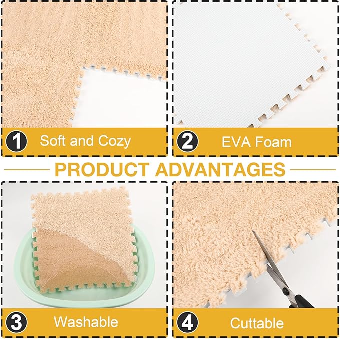 36 Pcs Plush Interlocking Carpet Tiles, Non-Toxic Foam Carpet Tiles for Toddler Baby, Machine-Washable, Anti-Slip, EVA Foam Interlocking Tiles for Floor, Nursery, Playroom, Purple, Light Brown, Pink