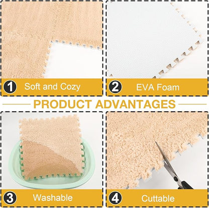 36 Pcs Plush Interlocking Carpet Tiles, Non-Toxic Foam Carpet Tiles for Toddler Baby, Machine-Washable, Anti-Slip, EVA Foam Interlocking Tiles for Floor, Nursery, Playroom, Purple, Light Brown, Pink