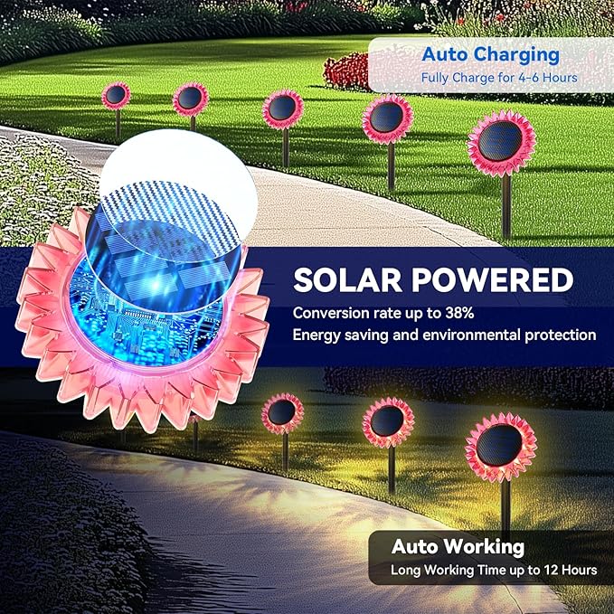 Hogni 6PK Solar Garden Lights, Ground Stake/Hang 2 in 1 Solar Sunflowers Outdoor Waterproof IP67, Outdoor Decor for Pathway Walkway Landscape Backyard Fence Decoration