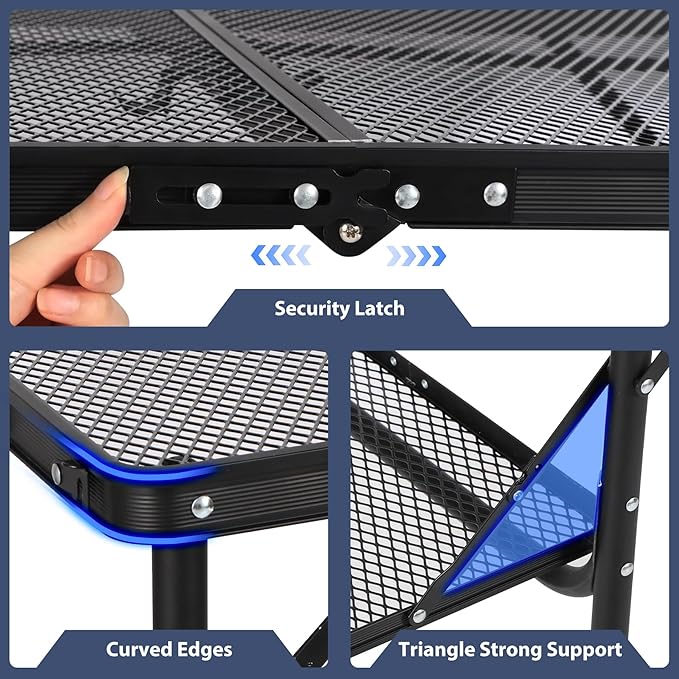 REDCAMP 36x24 Folding Grill Table for Outside with 2 Side Tables, Lightweight Portable Metal Aluminum Outdoor Grill Table with Adjustable Height Legs, Great for Camping Picnic Cooking BBQ, Black 3ft