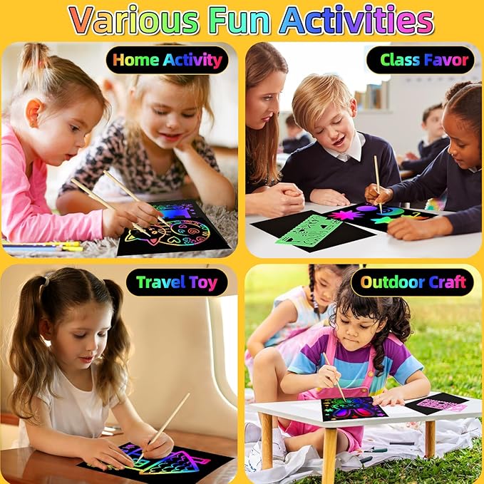 60 Pcs Scratch Art for Kids, Rainbow Scratch Paper, Black Magic Scratch Off Craft Set for 3 4 5 6 7 8 9 10 Years Old Girls and Boys Kids, Party Games Christmas Birthday Easter Gifts