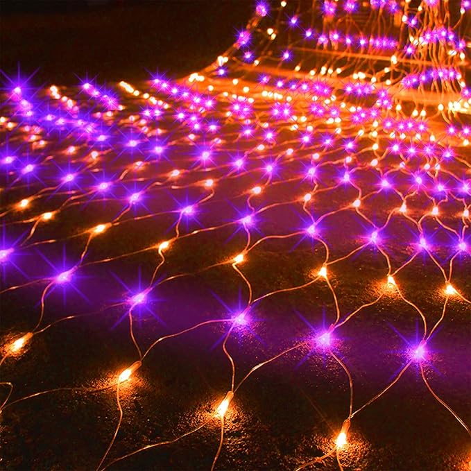 WATERGLIDE Outdoor Halloween Net Lights, 12FT x 5FT 360 LED Fairy String Light with 8 Lighting Modes, Connectable Light Safe Adaptor for Garden Tree Bushes Holiday Party Decorations, Orange & Purple