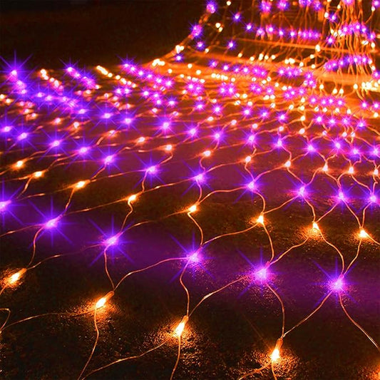 WATERGLIDE Outdoor Halloween Net Lights, 12FT x 5FT 360 LED Fairy String Light with 8 Lighting Modes, Connectable Light Safe Adaptor for Garden Tree Bushes Holiday Party Decorations, Orange & Purple