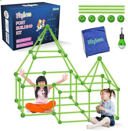 Playbees Glow in The Dark Fort Building Kit with Rods and Connectors - 132 Pieces - Glow in The Dark - Ages 4-8, 8-12 STEM Building Toy, Construction Set for Kids, DIY Castle, Birthday Gift