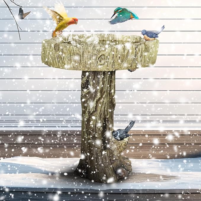 SunJet 24.4 Inch Heigh Wood-Look Concrete Bird Bath with Decorative Faux Bird – birdbath Rustic & Long-Lasting Design, Enhances Garden, Patio, Yard, Lawn Décor