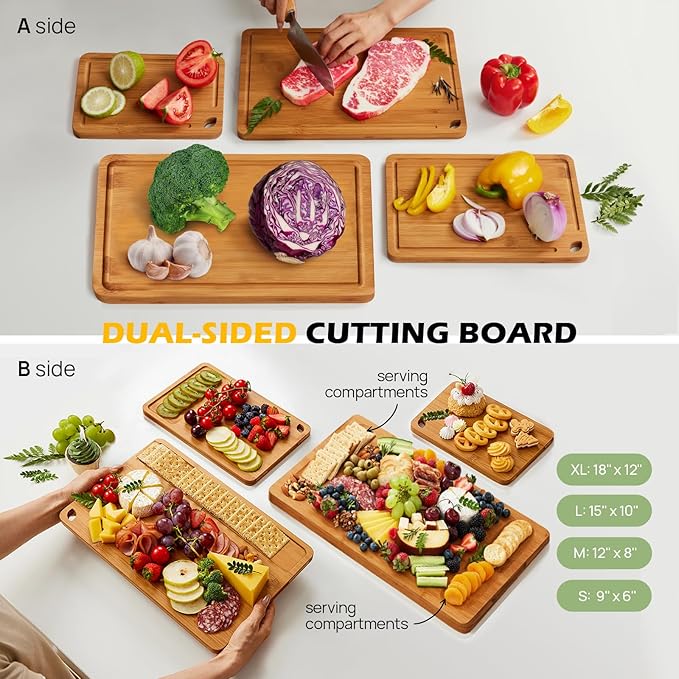 Wood Cutting Board, Carbonized Bamboo Set With Smooth Surface & Easy Storage For Busy Kitchens, Ideal Charcuterie & Chopping, Durable, Knife-Friendly (4Pcs)