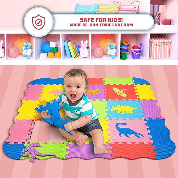 TOYVELT Foam Puzzle Floor Mat for Kids 48x48-25 Interlocking Dinosaurs Play Mat Tiles Multicolor - Educational Large Puzzle Foam Floor Tiles for Crawling