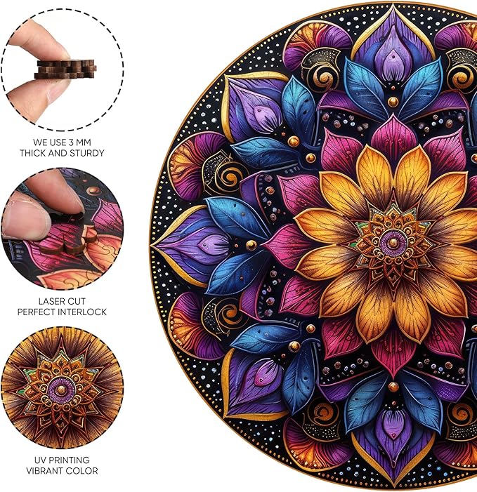 Jiroinlly Mandela Wooden Jigsaw Puzzles - Flower Puzzles for Adults 500 Pcs, 16.7'' x 16.7''Unique Shaped Wood Puzzle, Beautiful Package for Halloween, Best Gift for Adults and Kids, Family Game