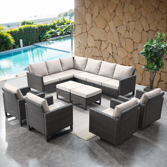 HUMMUH 8 Piece Patio Furniture All Weather 6-Seater Outdoor Sectional Sofa with Patio Swivel Chairs and Outdoor Chairs Ottomans for Porch,Garden,Backyard,Deck(Brown/Beige)