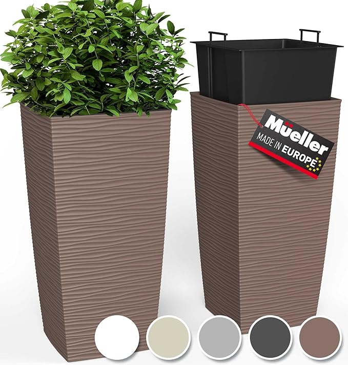 Mueller M-Resin Heavy Duty Tall Planter, Indoor/Outdoor Grande Plant, Tree, Flower Pot, 2-Piece Set, 24”, Modern Design, Built-in Drainage, Mocha